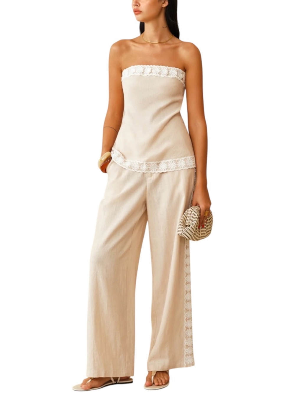 Commense Set Light Beige Linen Blend Lace Trim Strapless Top Pants Small NWT